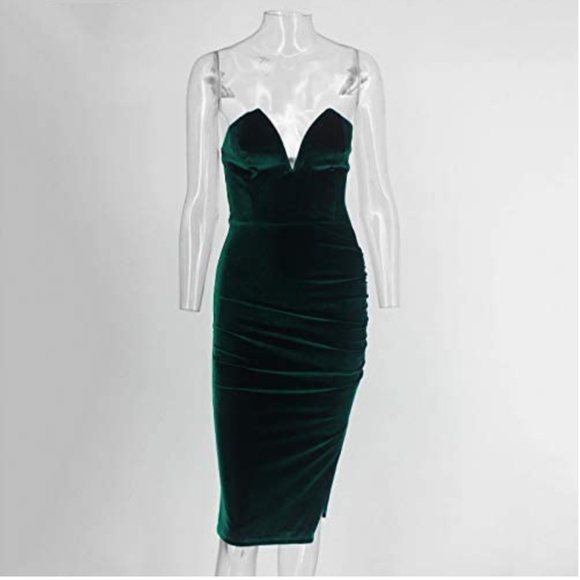 Dresses & Skirts - Strapless Ruched Velvet Split Bodycon Midi Dress